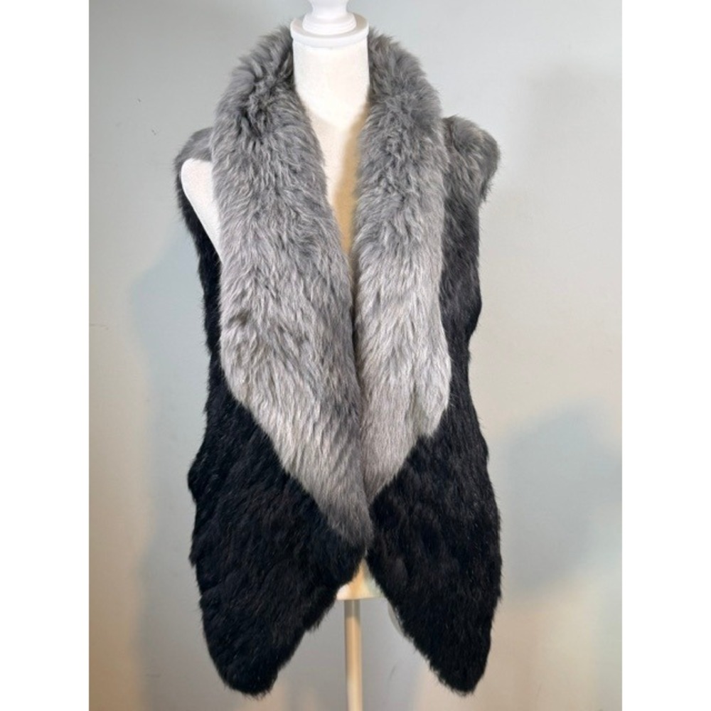 Love Token Genuine Rabbit Fur Vest S/M Ombre Grey Black Shawl Collar Open